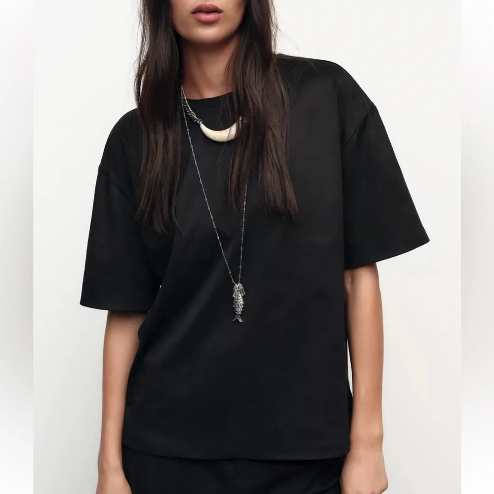 Zara NWT 2 piece matching SET black faux suede tee shirt & wide leg pants
